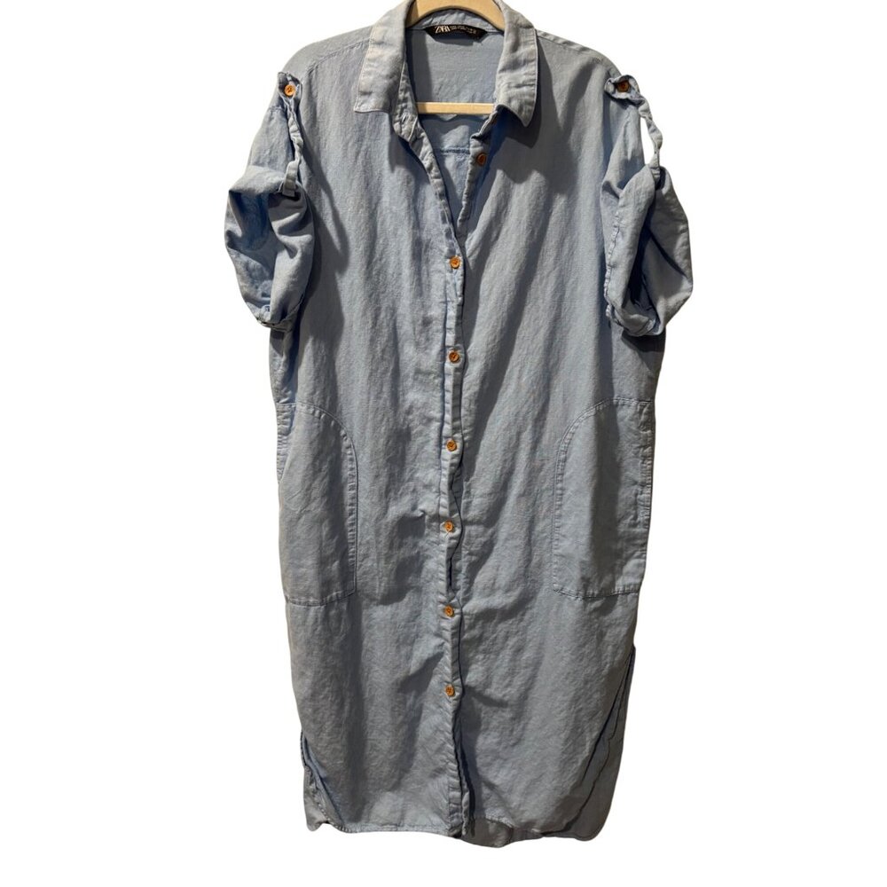 Zara Button-Up Light Blue Midi Shirt Dress With Rolled Sleeves Front Pockets